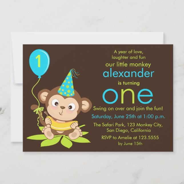 Invitación de primer cumpleaños de mono pequeño li (Anverso)