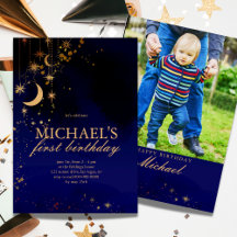 Invitación de primer cumpleaños de Moon and Stars