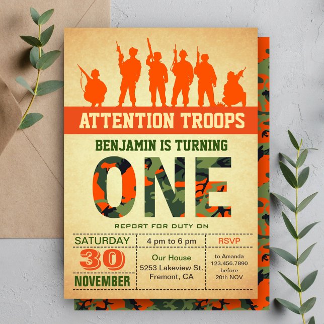 Invitación de primer cumpleaños de naranja Camo Ca (Subido por el creador)
