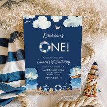 Invitación de primer cumpleaños de Navy Nautical