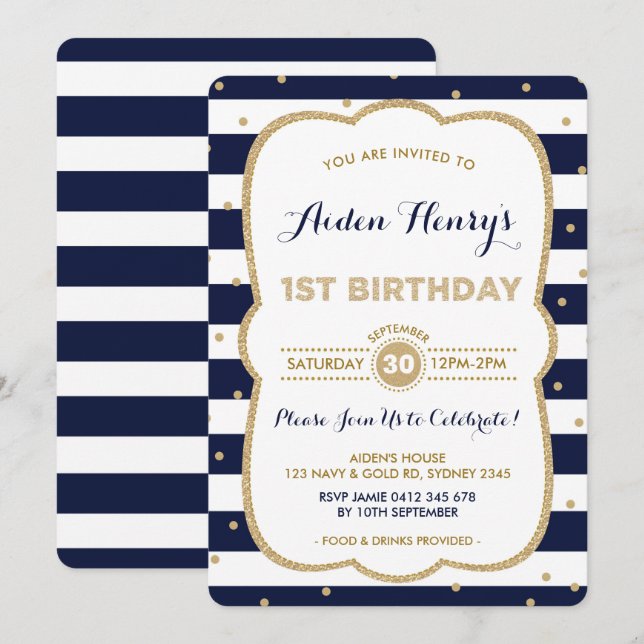 Invitación de primer cumpleaños de Navy y Gold Roy (Anverso / Reverso)