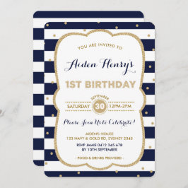 Invitación de primer cumpleaños de Navy y Gold Roy