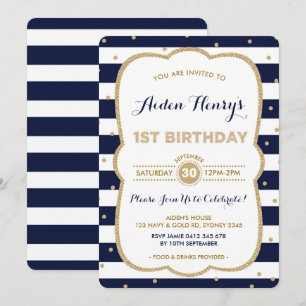 Invitación de primer cumpleaños de Navy y Gold Roy