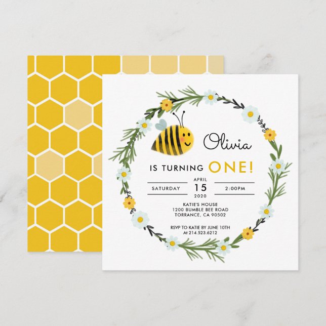 Invitación de primer cumpleaños de Nuestra Abeja P (Anverso / Reverso)