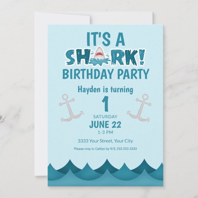 Invitación de primer cumpleaños de Ocean Shark (Anverso)