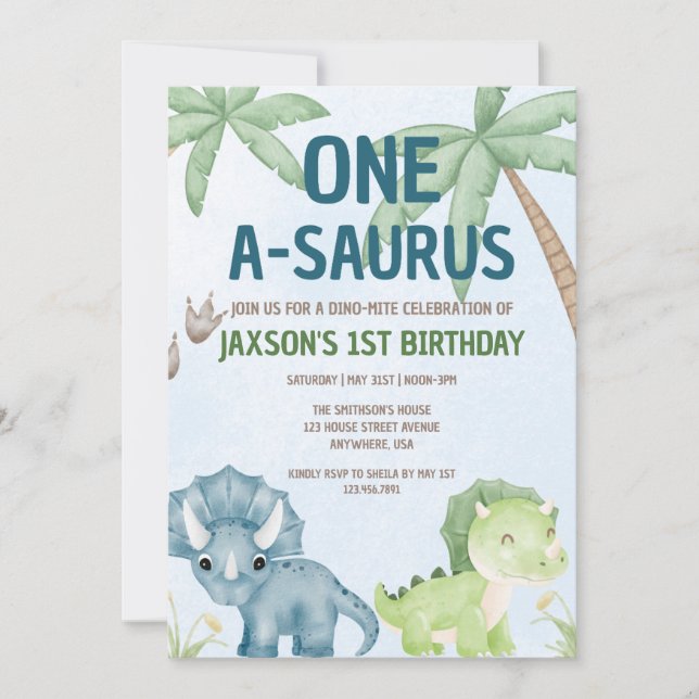Invitación de primer cumpleaños de One-A-SAURUS Di (Anverso)