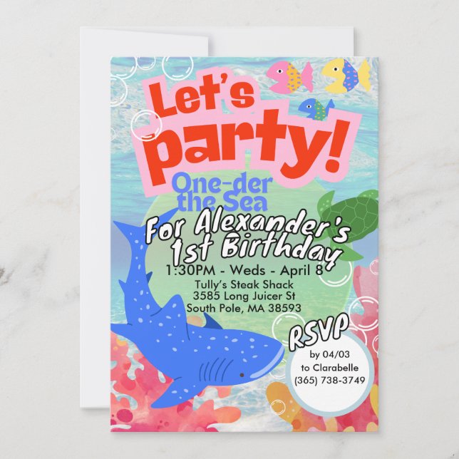 Invitación de primer cumpleaños de One der The Sea (Anverso)