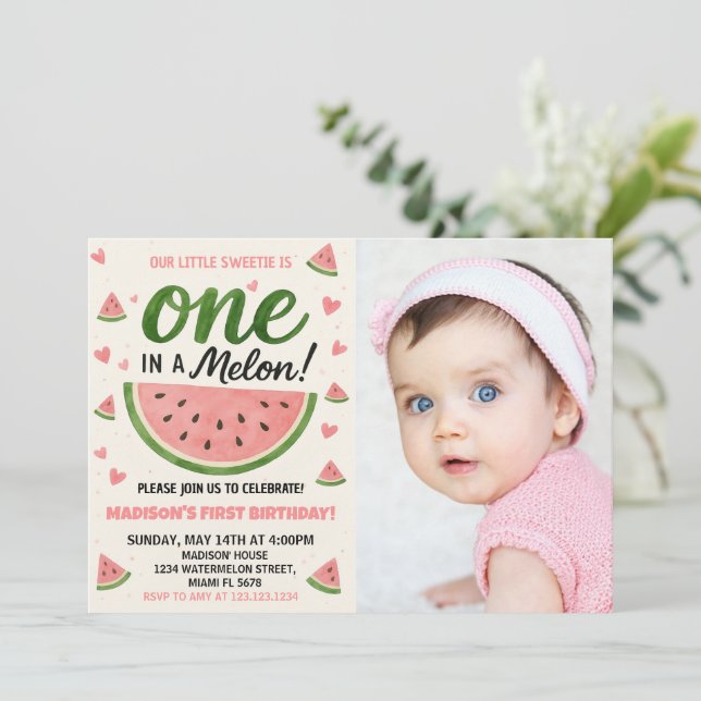 Invitación de primer cumpleaños de One in a Melon (Anverso de pie)