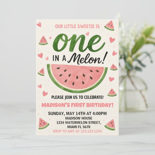 Invitación de primer cumpleaños de One in a Melon (Anverso de pie)