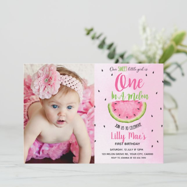 Invitación de primer cumpleaños de One in a Melon (Anverso de pie)