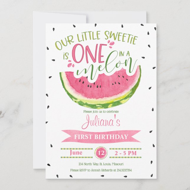 Invitación de primer cumpleaños de One in a Melon (Anverso)