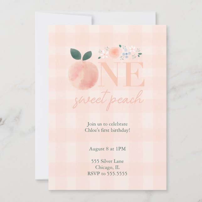 Invitación de primer cumpleaños de One Sweet Peach (Anverso)