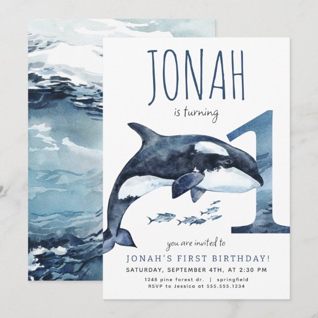 Invitación de primer cumpleaños de Orca (Anverso / Reverso)