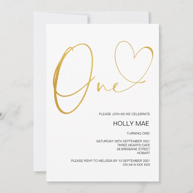 Invitación de primer cumpleaños de oro 1.ᵉʳ primer (Anverso)