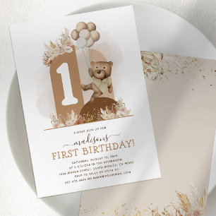 Invitación de Primer Cumpleaños de Osito Boho Tedd