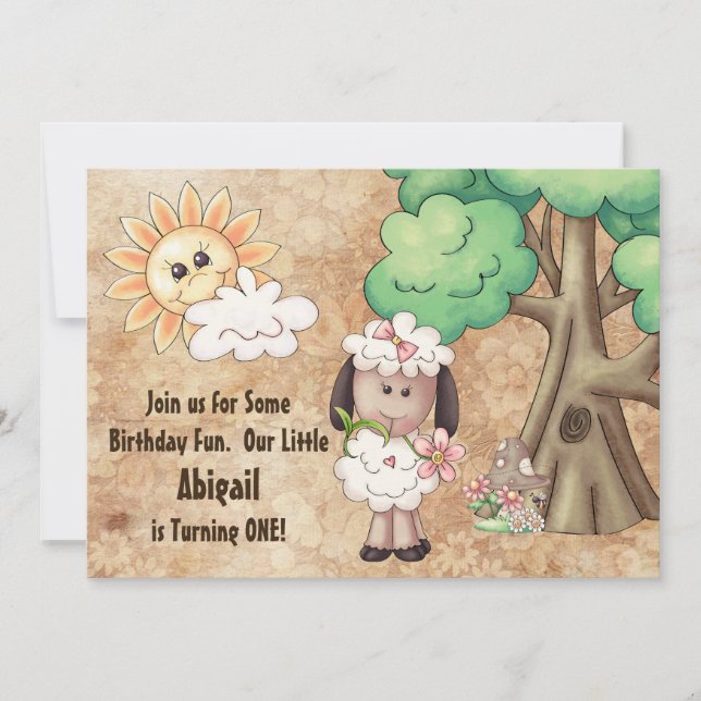 Invitación de primer cumpleaños de ovejas y flores (Anverso)