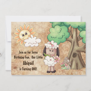 Invitación de primer cumpleaños de ovejas y flores