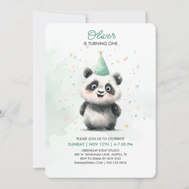 Invitación de primer cumpleaños de Panda editable (Anverso)