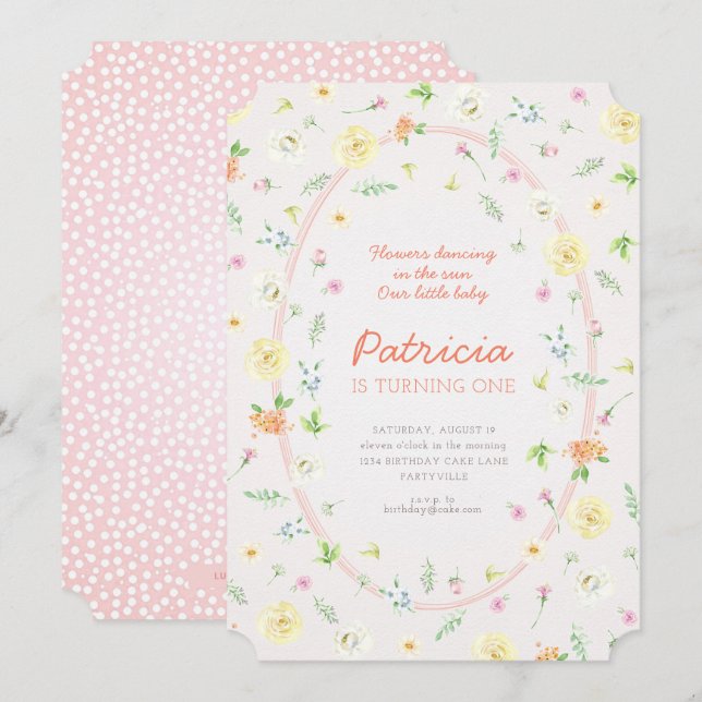 Invitación de primer cumpleaños de Pastel Floral (Anverso / Reverso)