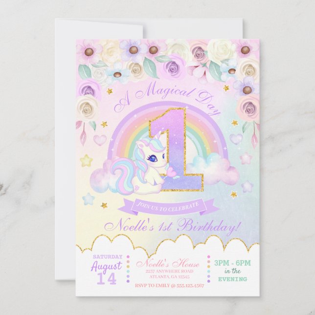 Invitación de primer cumpleaños de Pastel Rainbow  (Anverso)