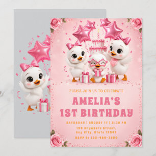 Invitación de primer cumpleaños de patito rosa