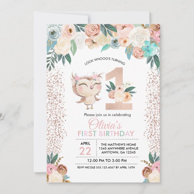 Invitación de primer cumpleaños de Peachy Owl (Anverso)