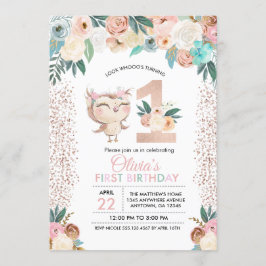 Invitación de primer cumpleaños de Peachy Owl