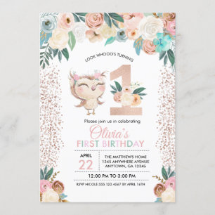 Invitación de primer cumpleaños de Peachy Owl