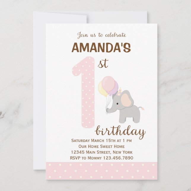 Invitación de primer cumpleaños de pequeño elefant (Anverso)