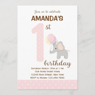 Invitación de primer cumpleaños de pequeño elefant