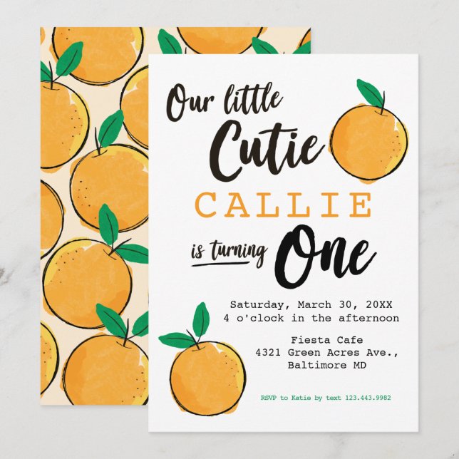Invitación de primer cumpleaños de pequeño Naranja (Anverso / Reverso)