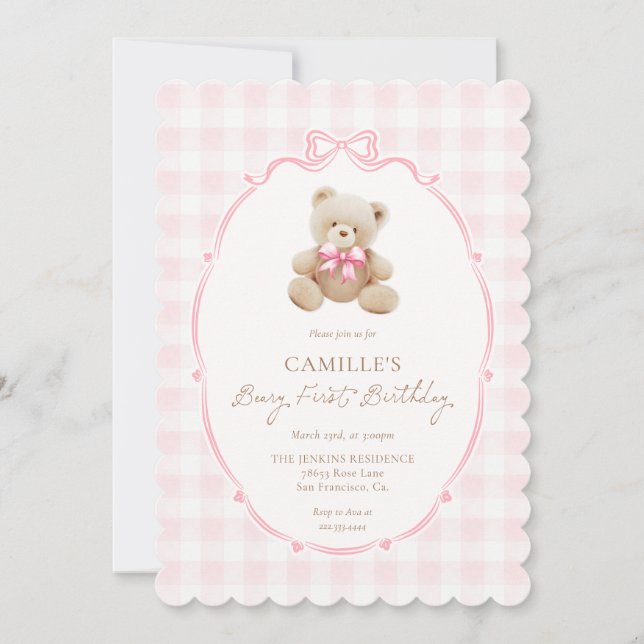 Invitación de primer cumpleaños de Pink Beary (Anverso)