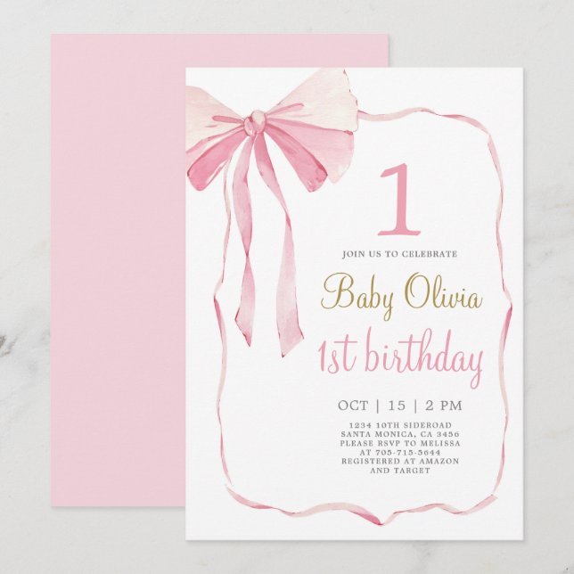 Invitación de primer cumpleaños de Pink Bow (Anverso / Reverso)