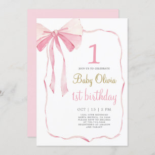 Invitación de primer cumpleaños de Pink Bow