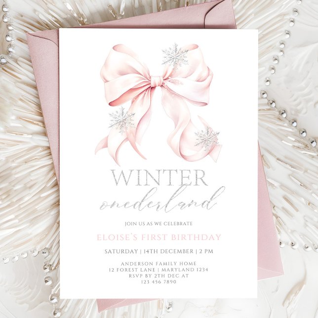 Invitación de primer cumpleaños de Pink Bow Winter (Subido por el creador)