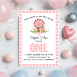 Invitación de primer cumpleaños de Pink Gingham Ba