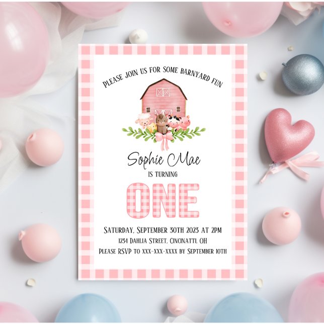 Invitación de primer cumpleaños de Pink Gingham Ba (Subido por el creador)