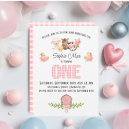Invitación de primer cumpleaños de Pink Gingham Ba