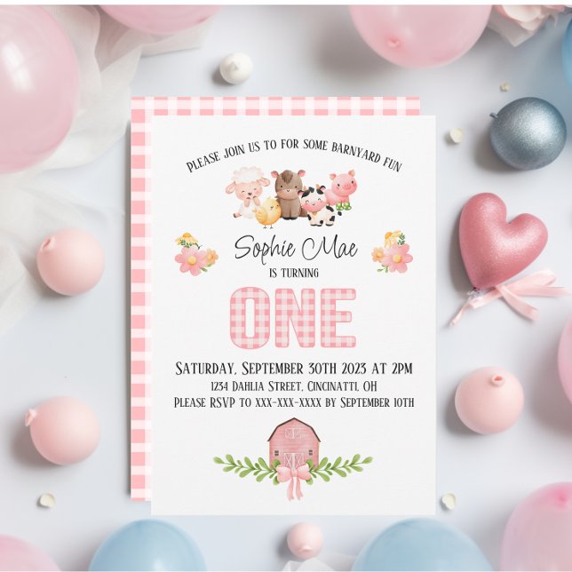 Invitación de primer cumpleaños de Pink Gingham Ba (Subido por el creador)