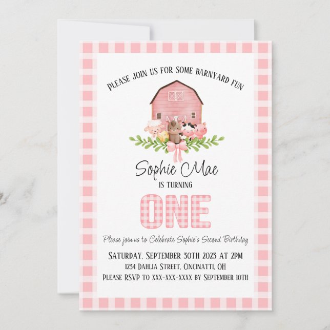 Invitación de primer cumpleaños de Pink Gingham Ba (Anverso)