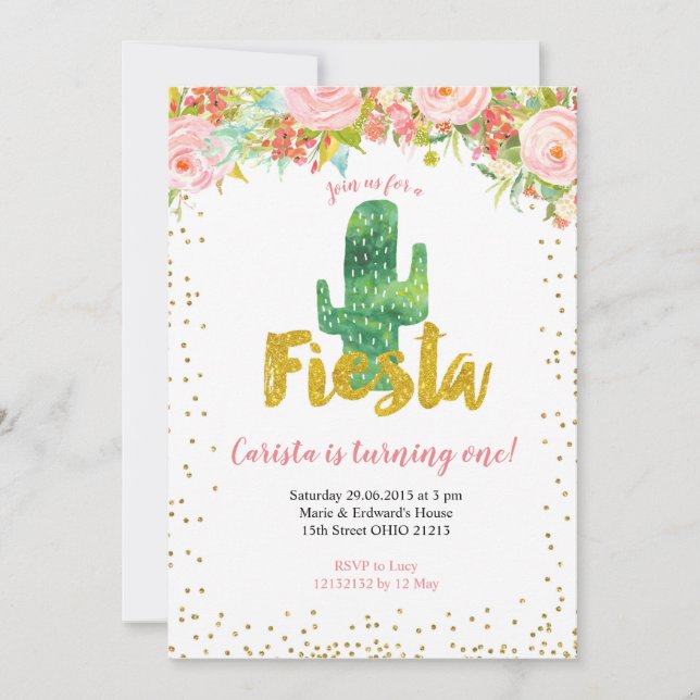Invitación de primer cumpleaños de Pink Gold Fiest (Anverso)