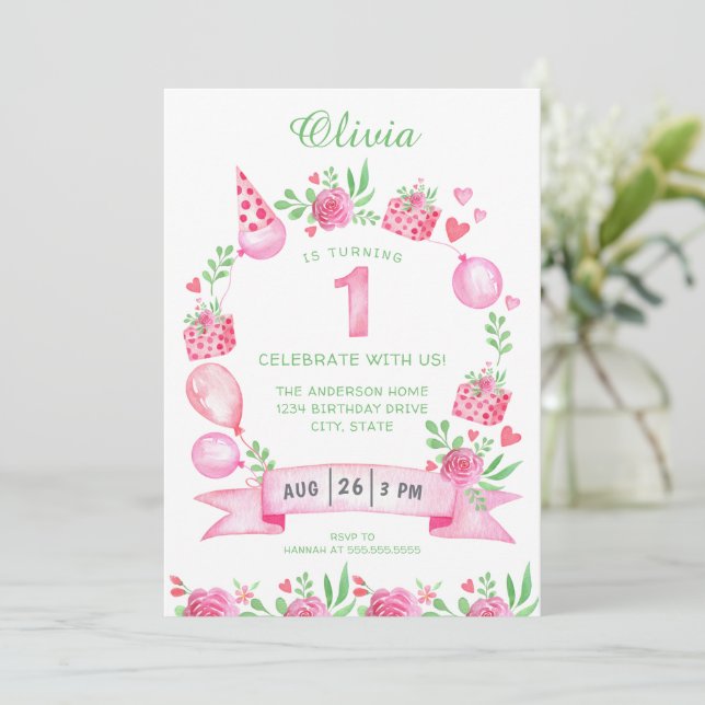 Invitación de primer cumpleaños de Pink Green Girl (Anverso de pie)