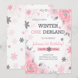 Invitación de primer cumpleaños de Pink Rose Winte