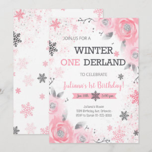 Invitación de primer cumpleaños de Pink Rose Winte