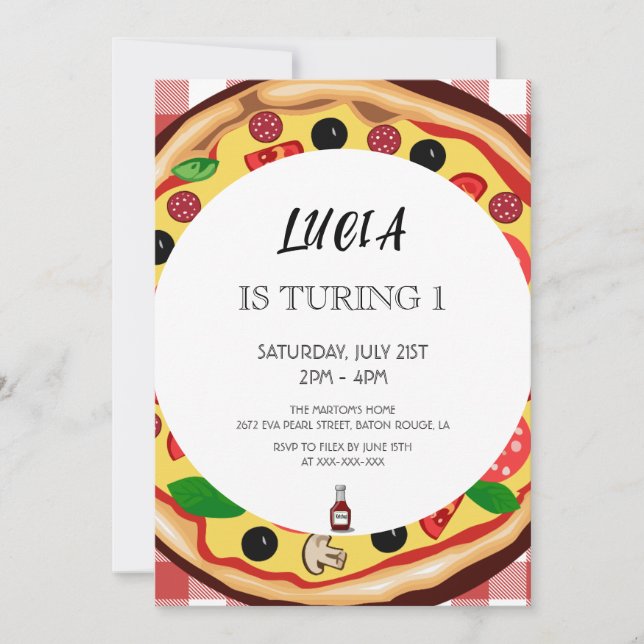 Invitación de primer cumpleaños de Pizza Slice mod (Anverso)