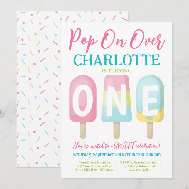 Invitación de primer cumpleaños de Popsicle, ya se (Anverso / Reverso)