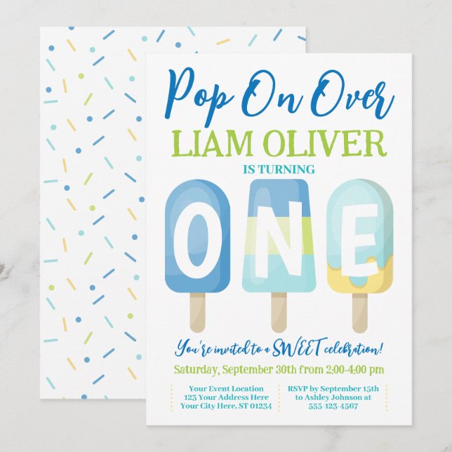 Invitación de primer cumpleaños de Popsicle, ya se (Anverso / Reverso)