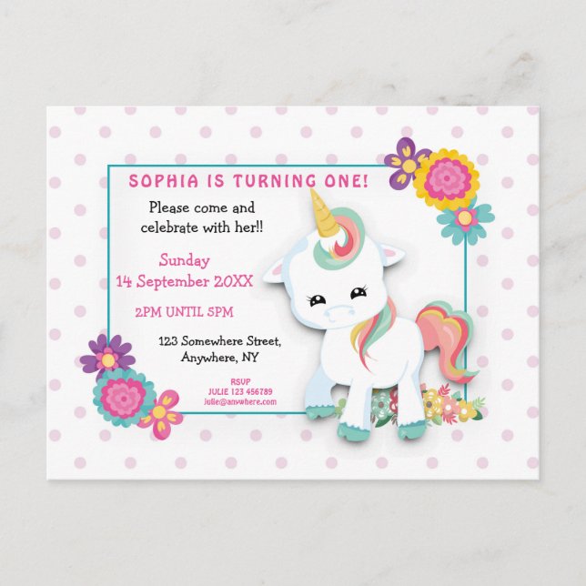 Invitación de primer cumpleaños de puntos blancos  (Anverso)