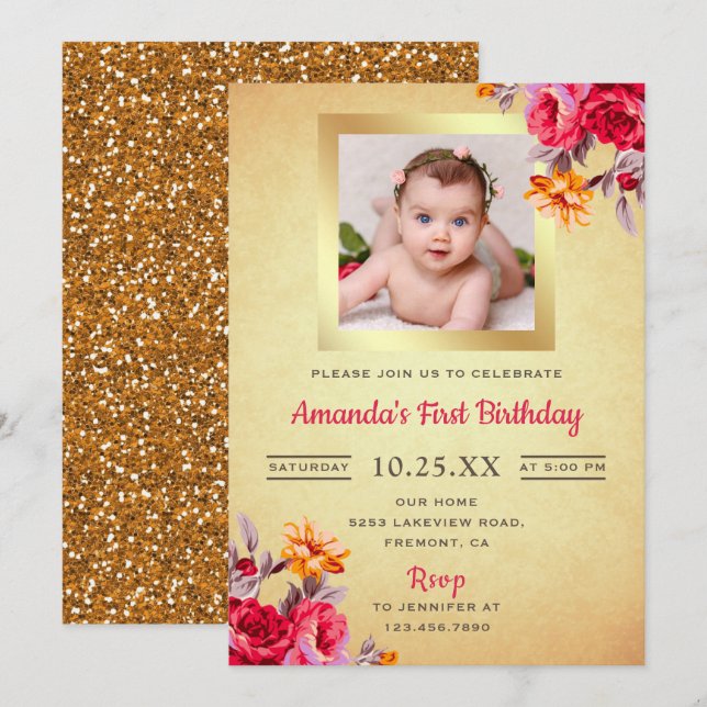 Invitación de primer cumpleaños de Purpurina de or (Anverso / Reverso)