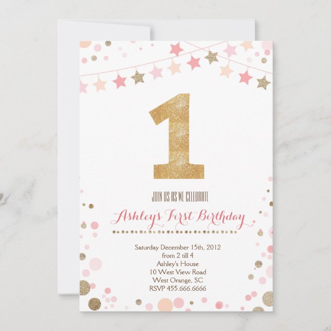 Invitación de primer cumpleaños de Purpurina de or (Anverso)